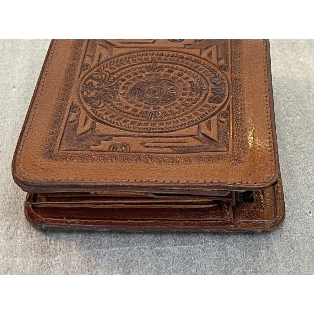 VTG Handcrafted Mexican Tooled Leather Bifold Wallet Aztec Calendar Sun ID Slot